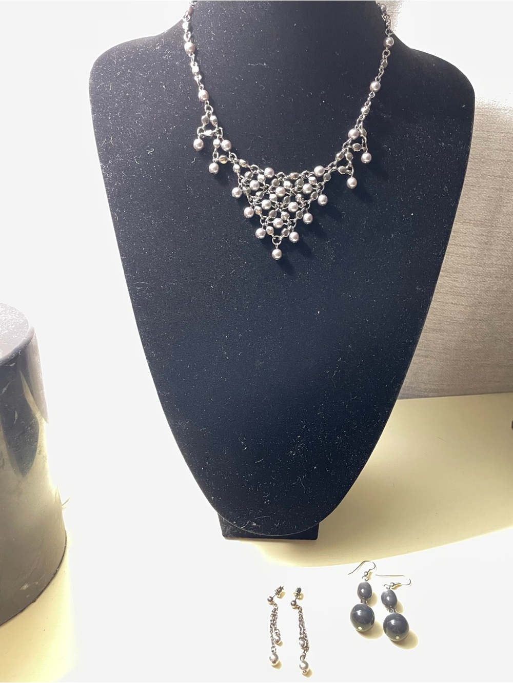 Silver-Tone Beaded Cascade Necklace with Matching Earrings - Women Jewelry